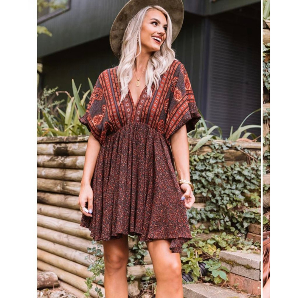 Olivaceous Boho Mini Dress in Rust and Black Floral Print